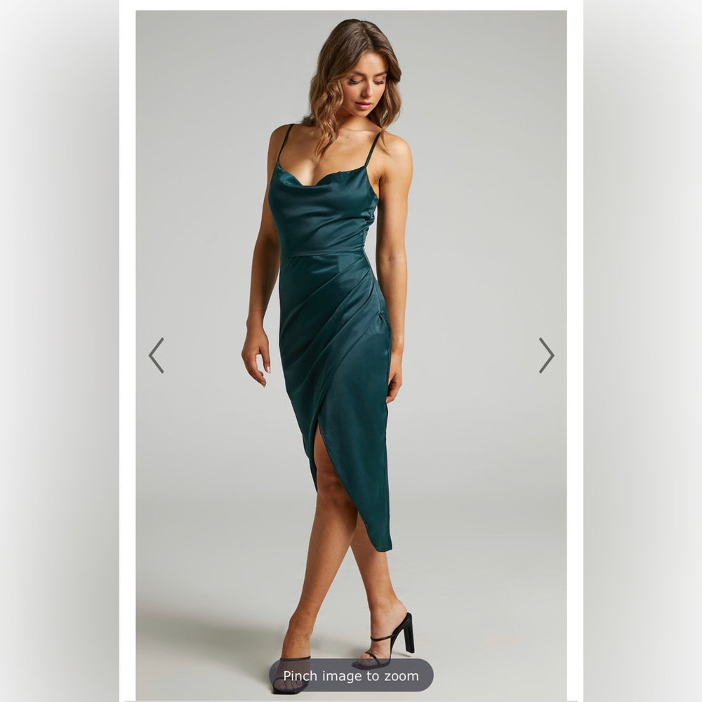 NWT DAZZLING LIGHTS MIDI DRESS - COWL NECK DRAPED DRESS IN EMERALD SATIN - Picture 2 of 7